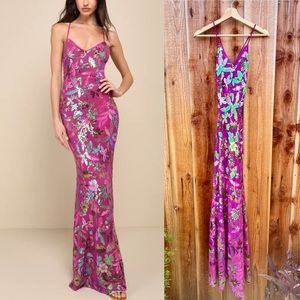 Magenta Pink Colorful Iridescent Sparkly Sequin Lace-Up Maxi Dress 🌿